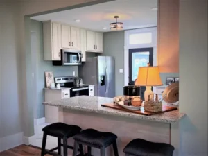 Stove, refrigerator with ice maker, microwave. Some spices and tinfoil are provided