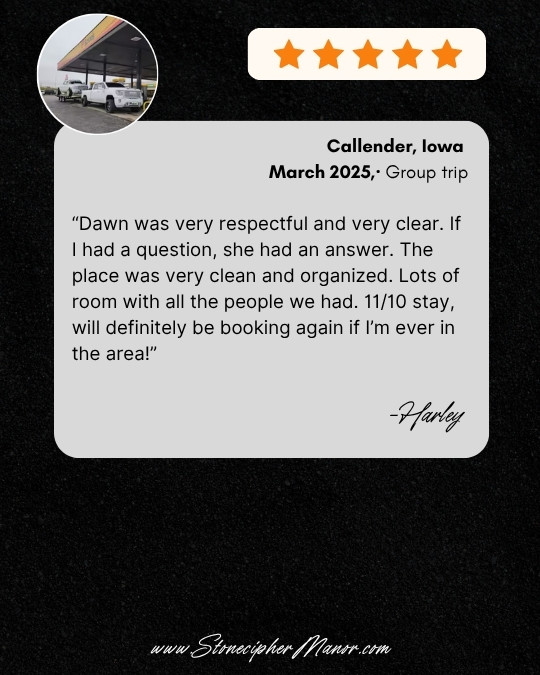 Stonecipher Manor testimonial reviews:short term rental 5 star 1
